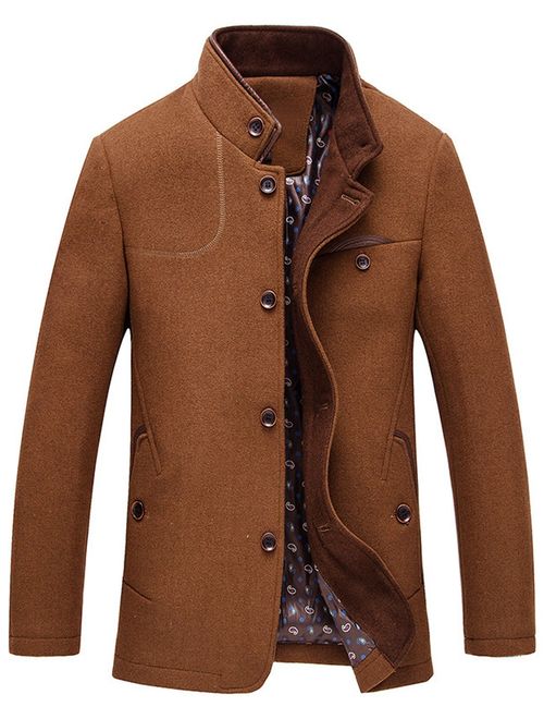 chouyatou Men's Gentle Band Collar Single Breasted Wool Blend Pea Coat