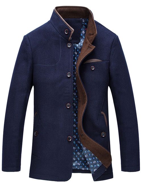 chouyatou Men's Gentle Band Collar Single Breasted Wool Blend Pea Coat