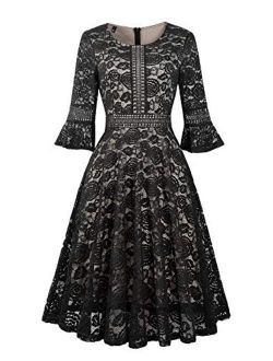 Twinklady Women's Vintage Full Lace Bell Sleeve Big Swing A-Line Dress