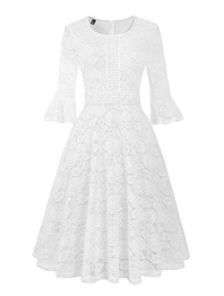 Twinklady Women's Vintage Full Lace Bell Sleeve Big Swing A-Line Dress