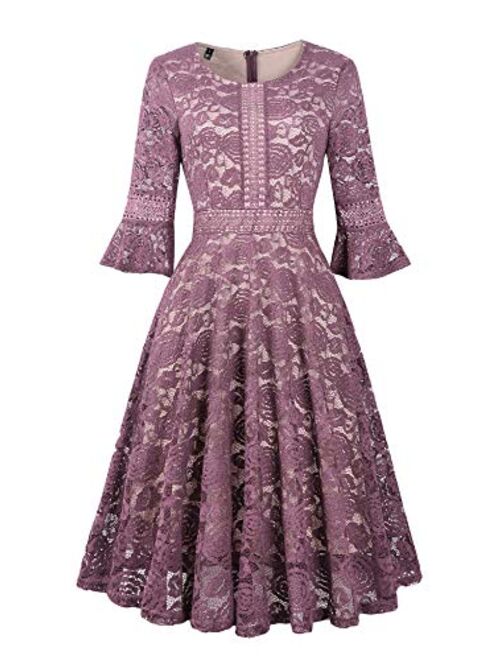 Twinklady Women's Vintage Full Lace Bell Sleeve Big Swing A-Line Dress