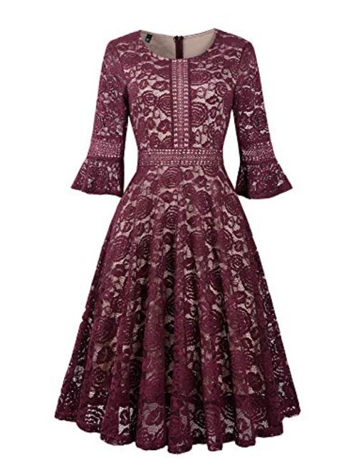 Twinklady Women's Vintage Full Lace Bell Sleeve Big Swing A-Line Dress