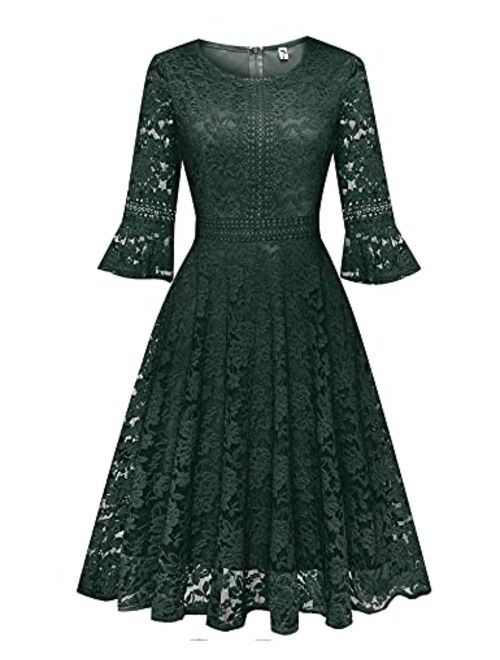 Twinklady Women's Vintage Full Lace Bell Sleeve Big Swing A-Line Dress