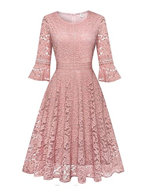 Twinklady Women's Vintage Full Lace Bell Sleeve Big Swing A-Line Dress