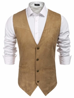 Men's Suede Leather Suit Vest Casual Western Vest Jacket Slim Fit Vest Waistcoat