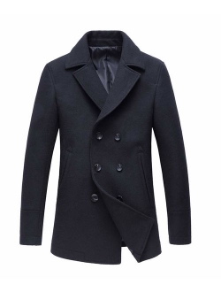 VICALLED Men Winter Double Breasted Short Pea Coat Outdoor Woolen Warm Jacket