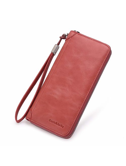 Women Leather Wallet Rfid Blocking Large Capacity Zipper Around Travel Wristlet Bags