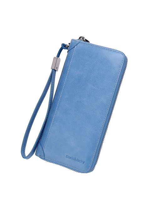 Women Leather Wallet Rfid Blocking Large Capacity Zipper Around Travel Wristlet Bags