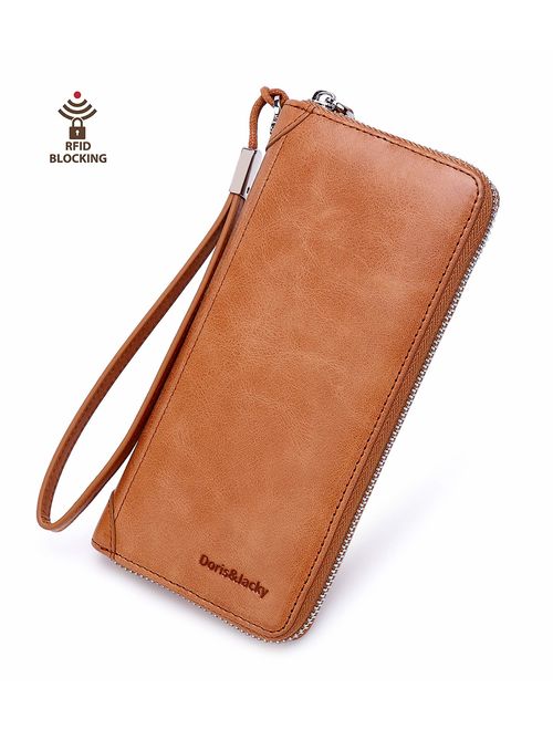 Women Leather Wallet Rfid Blocking Large Capacity Zipper Around Travel Wristlet Bags