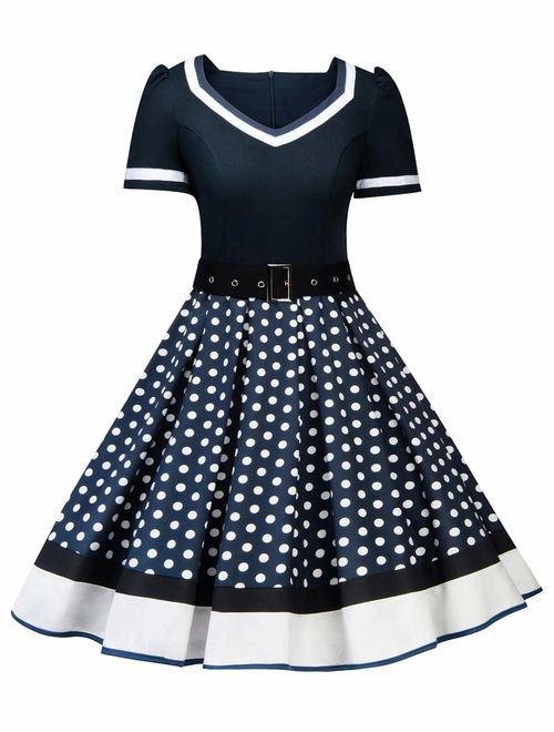 Nihsatin Women's Audrey Hepburn Vintage Style Rockabilly Swing Dress