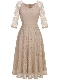 Dressystar Long-Sleeve A-Line Lace Bridesmaid Dress Midi for Wedding Formal Party