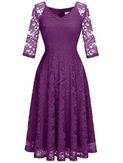 Dressystar Long-Sleeve A-Line Lace Bridesmaid Dress Midi for Wedding Formal Party