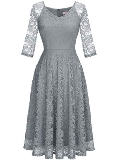 Dressystar Long-Sleeve A-Line Lace Bridesmaid Dress Midi for Wedding Formal Party