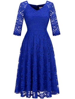 Dressystar Long-Sleeve A-Line Lace Bridesmaid Dress Midi for Wedding Formal Party