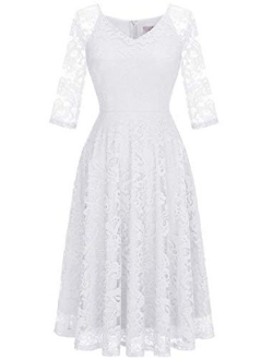 Dressystar Long-Sleeve A-Line Lace Bridesmaid Dress Midi for Wedding Formal Party