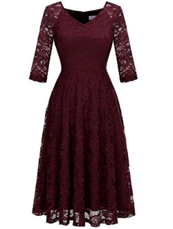 Dressystar Long-Sleeve A-Line Lace Bridesmaid Dress Midi for Wedding Formal Party