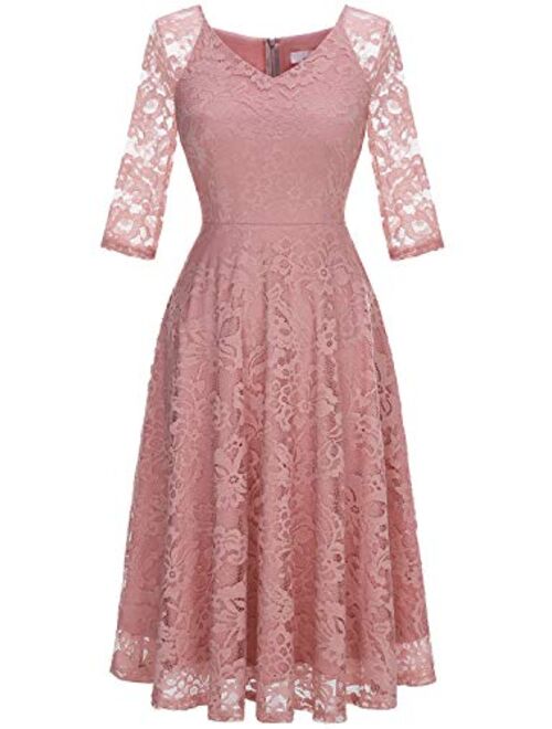 Dressystar Long-Sleeve A-Line Lace Bridesmaid Dress Midi for Wedding Formal Party