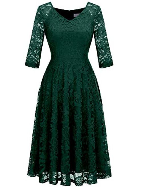 Dressystar Long-Sleeve A-Line Lace Bridesmaid Dress Midi for Wedding Formal Party