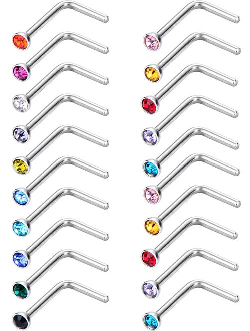 Mudder 20 Pieces Curved Nose Stud Stainless Steel Nose Ring Crystals L Bend Nose Screw Piercing, 20 Gauge