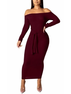 SheKiss Women's Off Shoulder Long Sleeves Bodycon Sweater Dress Sexy Knit Slim Cardigans