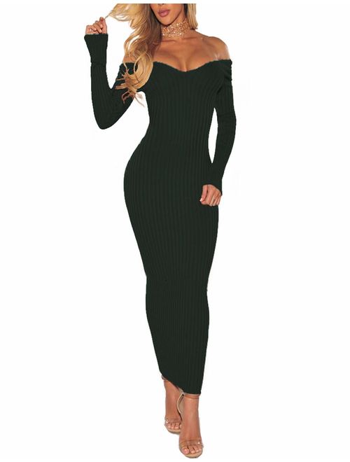 SheKiss Women's Off Shoulder Long Sleeves Bodycon Sweater Dress Sexy Knit Slim Cardigans