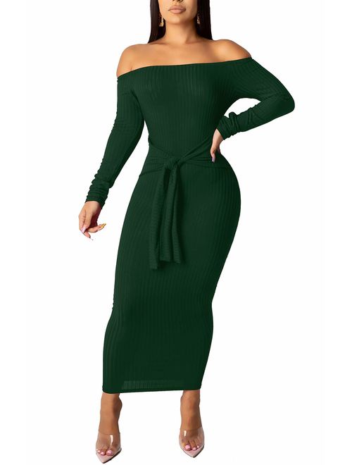 SheKiss Women's Off Shoulder Long Sleeves Bodycon Sweater Dress Sexy Knit Slim Cardigans