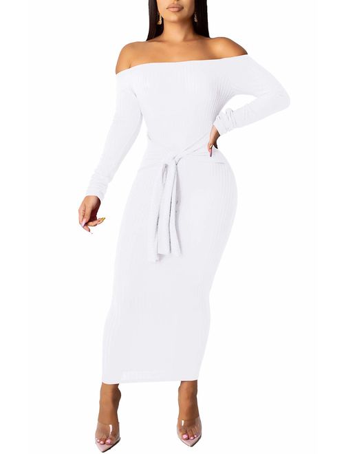 SheKiss Women's Off Shoulder Long Sleeves Bodycon Sweater Dress Sexy Knit Slim Cardigans