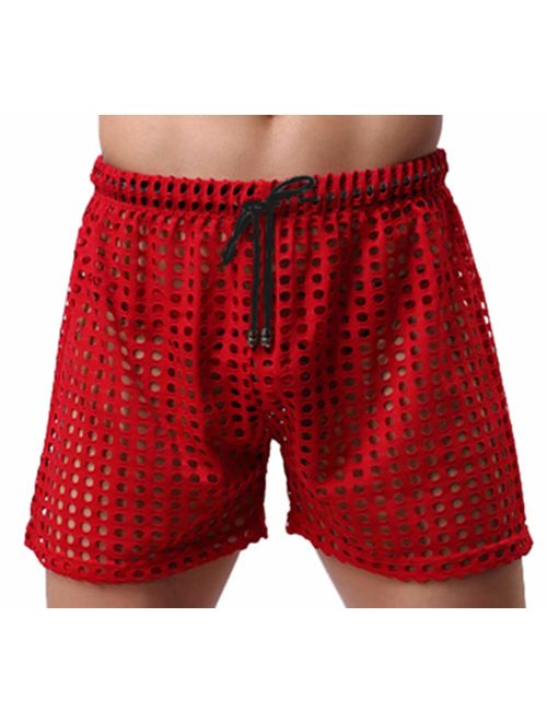 Linemoon Men's Mesh Shorts Sexy Lounge Hollow Boxer Underwear