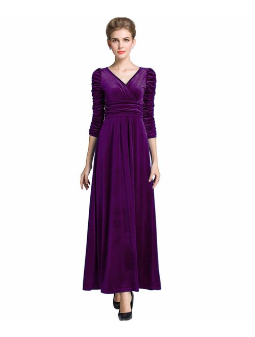 MedeShe Women's Christmas Long Sleeve V Neck Velvet Maxi Dress