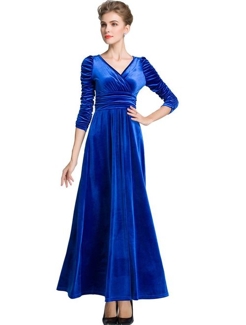 MedeShe Women's Christmas Long Sleeve V Neck Velvet Maxi Dress