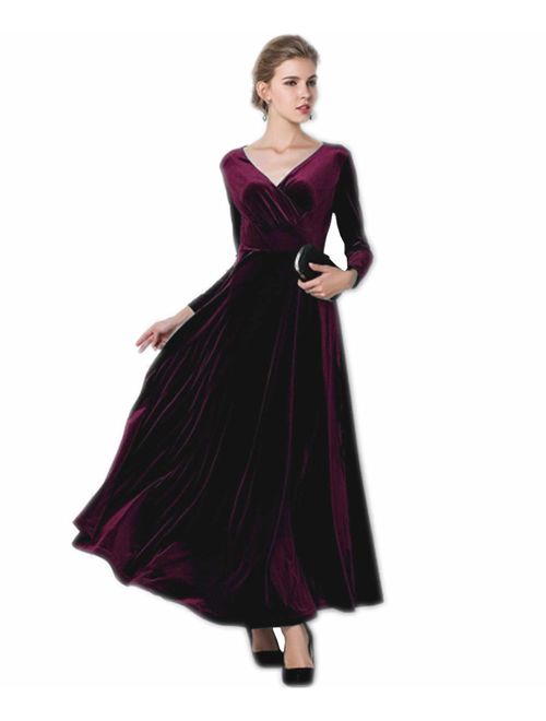 MedeShe Women's Christmas Long Sleeve V Neck Velvet Maxi Dress