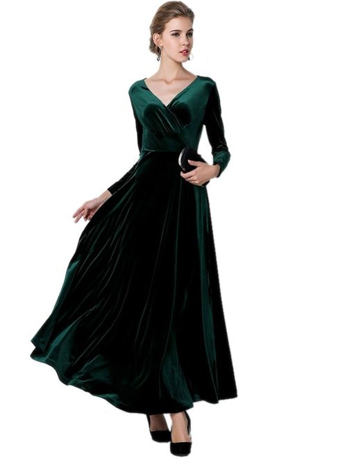 MedeShe Women's Christmas Long Sleeve V Neck Velvet Maxi Dress