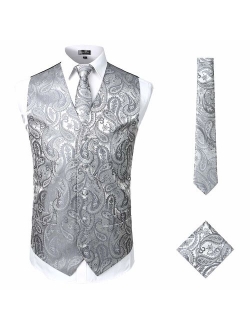 Mens Classic 3pc Jacquard Paisley Vest Set Necktie Pocket Square Waistcoat for Suit or Tuxedo