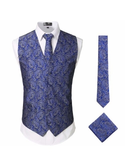 Mens Classic 3pc Jacquard Paisley Vest Set Necktie Pocket Square Waistcoat for Suit or Tuxedo