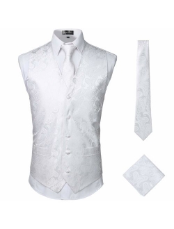 Mens Classic 3pc Jacquard Paisley Vest Set Necktie Pocket Square Waistcoat for Suit or Tuxedo