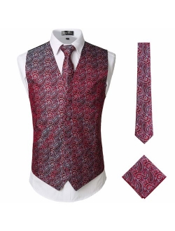 Mens Classic 3pc Jacquard Paisley Vest Set Necktie Pocket Square Waistcoat for Suit or Tuxedo