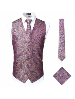 Mens Classic 3pc Jacquard Paisley Vest Set Necktie Pocket Square Waistcoat for Suit or Tuxedo