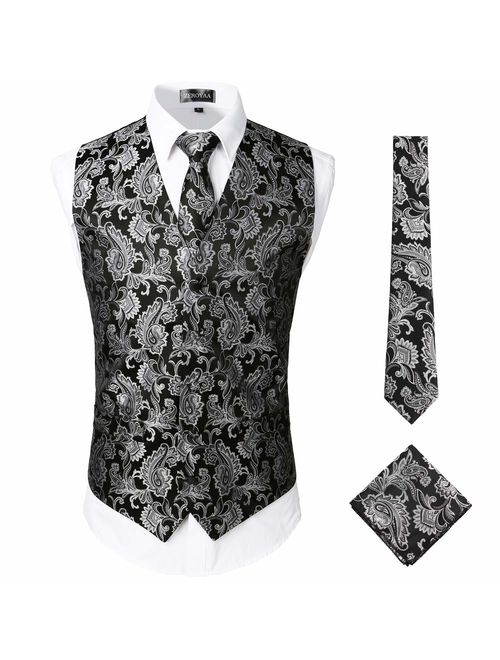 ZEROYAA Mens Classic 3pc Jacquard Paisley Vest Set Necktie Pocket Square Waistcoat for Suit or Tuxedo