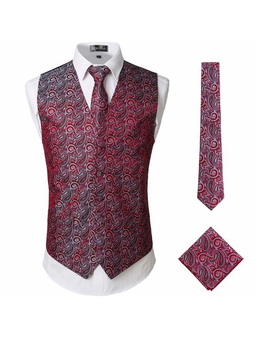 ZEROYAA Mens Classic 3pc Jacquard Paisley Vest Set Necktie Pocket Square Waistcoat for Suit or Tuxedo