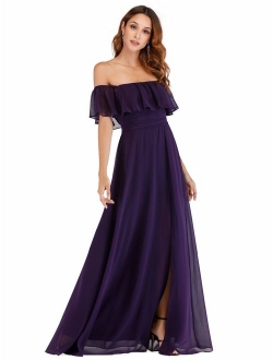 Off The Shoulder Ruffle Party Dresses Side Front Slit Beach Maxi Dress 07679