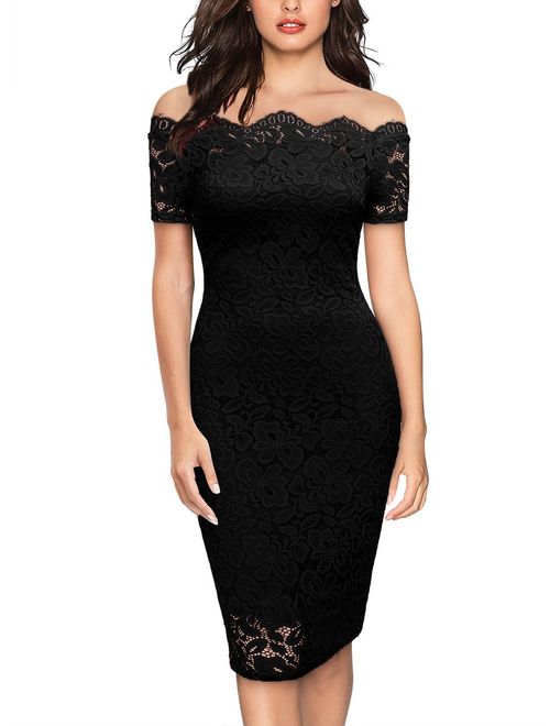 Miusol Women's Vintage Off Shoulder Flare Lace Slim Cocktail Pencil Dress