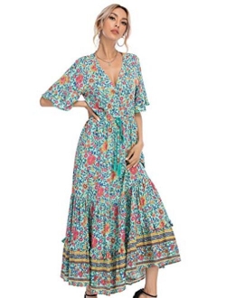 R.Vivimos Womens Summer Cotton Short Sleeve V Neck Floral Print Casual Bohemian Midi Dresses