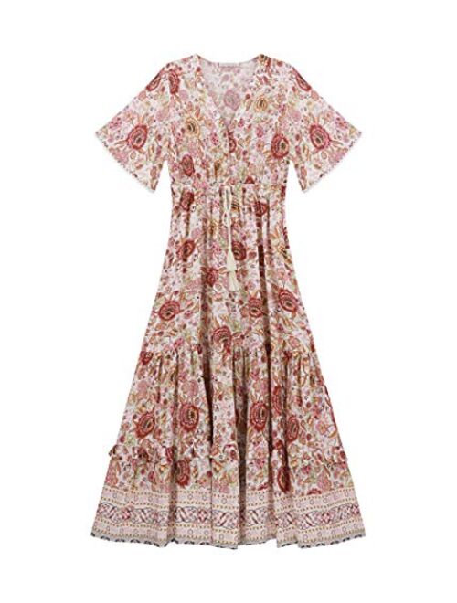 R.Vivimos Womens Summer Cotton Short Sleeve V Neck Floral Print Casual Bohemian Midi Dresses