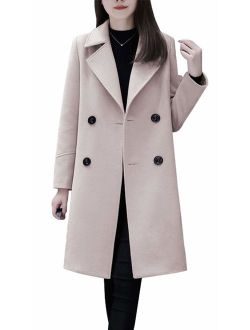 Women's Basic Essential Double Breasted Mid-Long Wool Blend Pea Coat