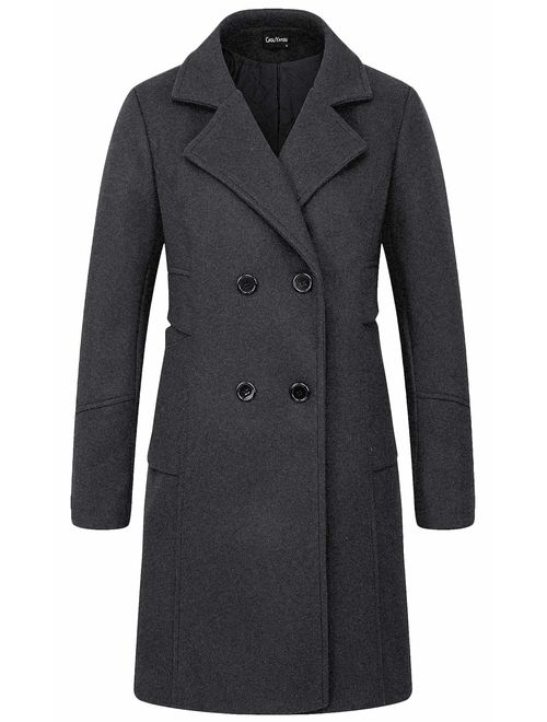 chouyatou Women's Basic Essential Double Breasted Mid-Long Wool Blend Pea Coat