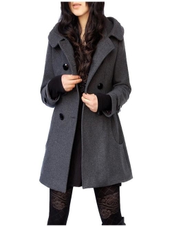 Tanming Women's Winter Double Breasted Wool Blend Long Pea Coat with Hood