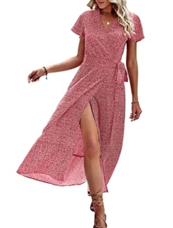 Chiffon Deep V Neck Wrap Vintage Floral Printed Flowy Boho Front Slit Belted Beach Summer Long Dress