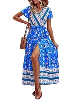 Chiffon Deep V Neck Wrap Vintage Floral Printed Flowy Boho Front Slit Belted Beach Summer Long Dress