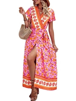 Chiffon Deep V Neck Wrap Vintage Floral Printed Flowy Boho Front Slit Belted Beach Summer Long Dress