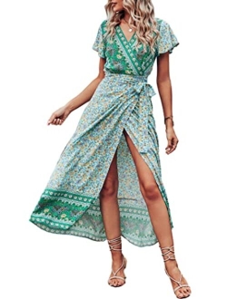 Chiffon Deep V Neck Wrap Vintage Floral Printed Flowy Boho Front Slit Belted Beach Summer Long Dress